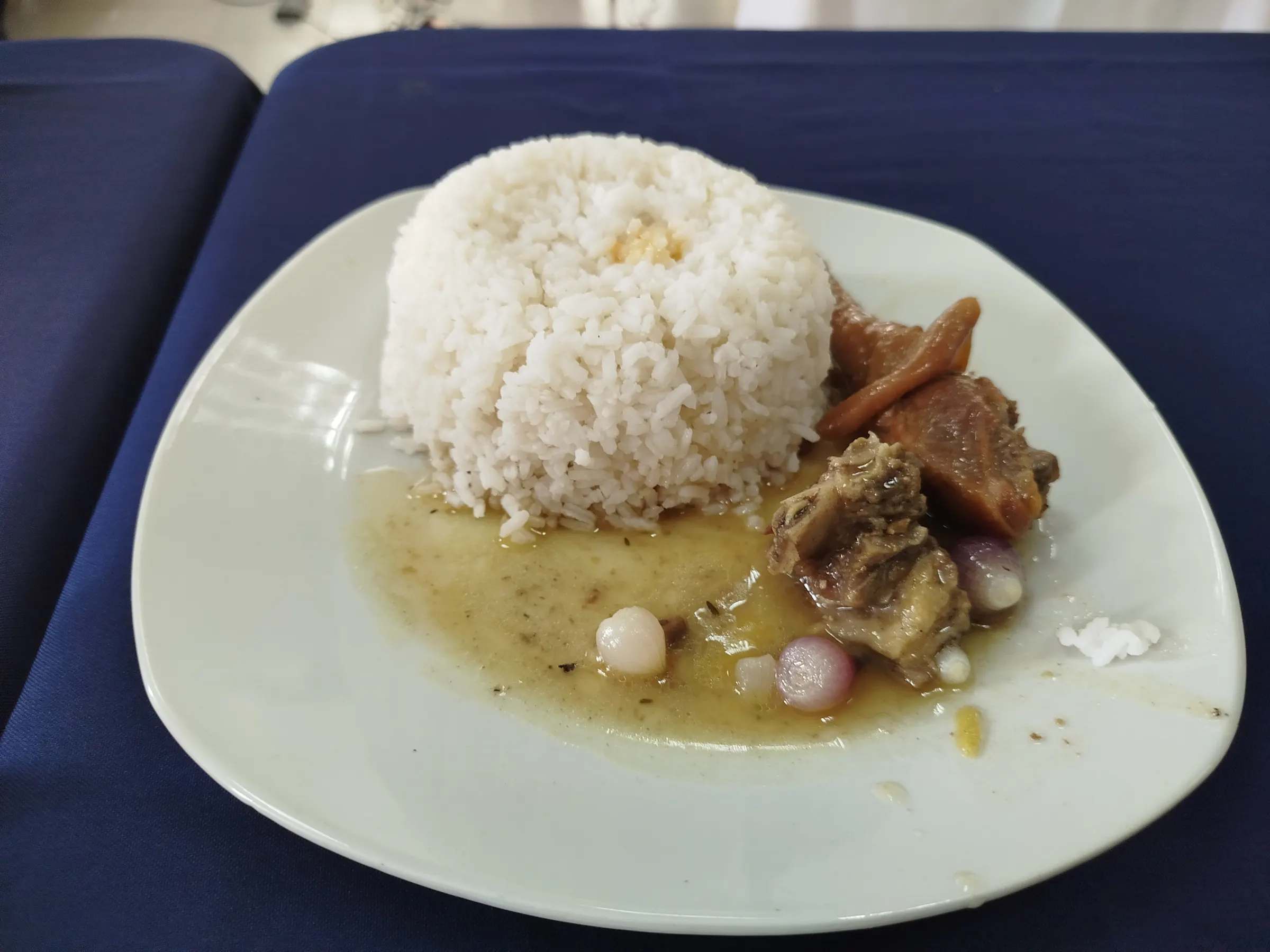 Plate of moulded white rice served with a meat laoka in sauce